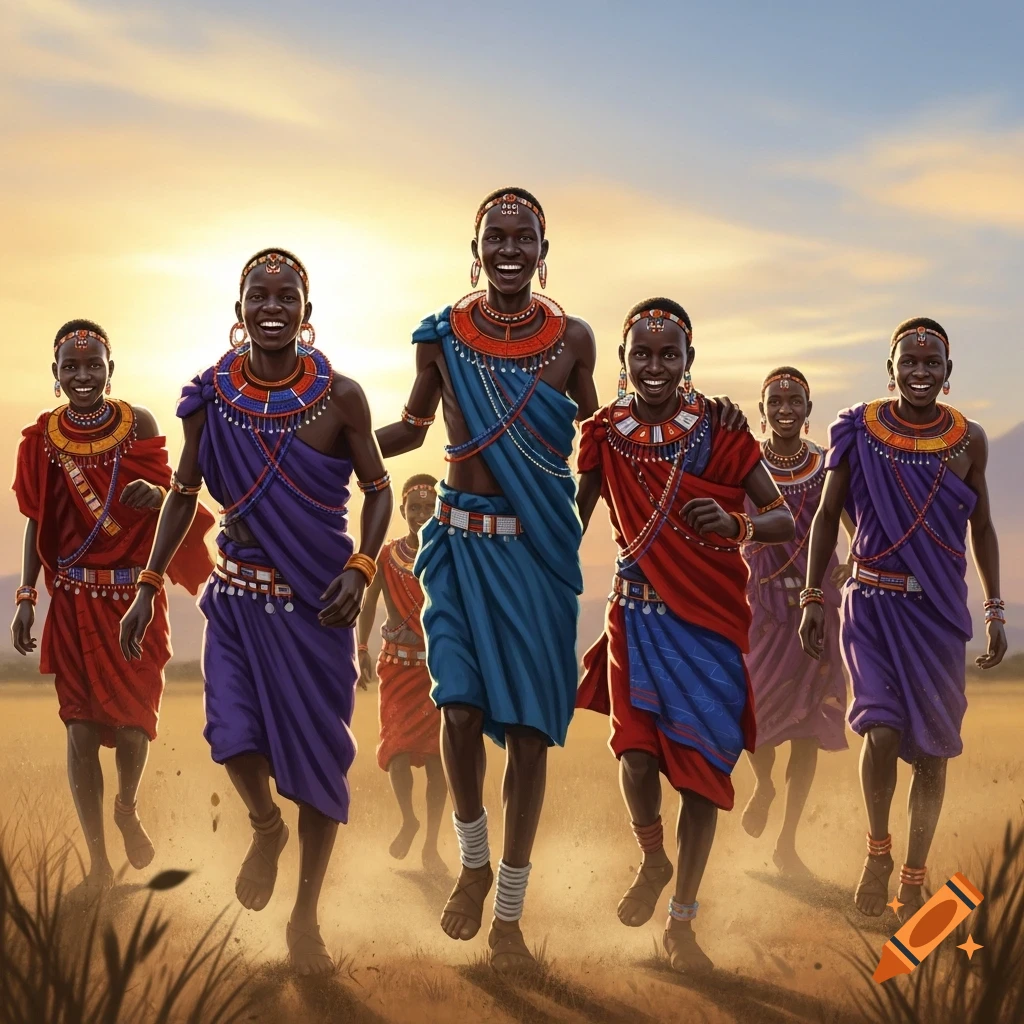 Seven smiling young men in vibrant traditional African attire, including beaded jewelry, run through a sunlit savanna in a digital art style.