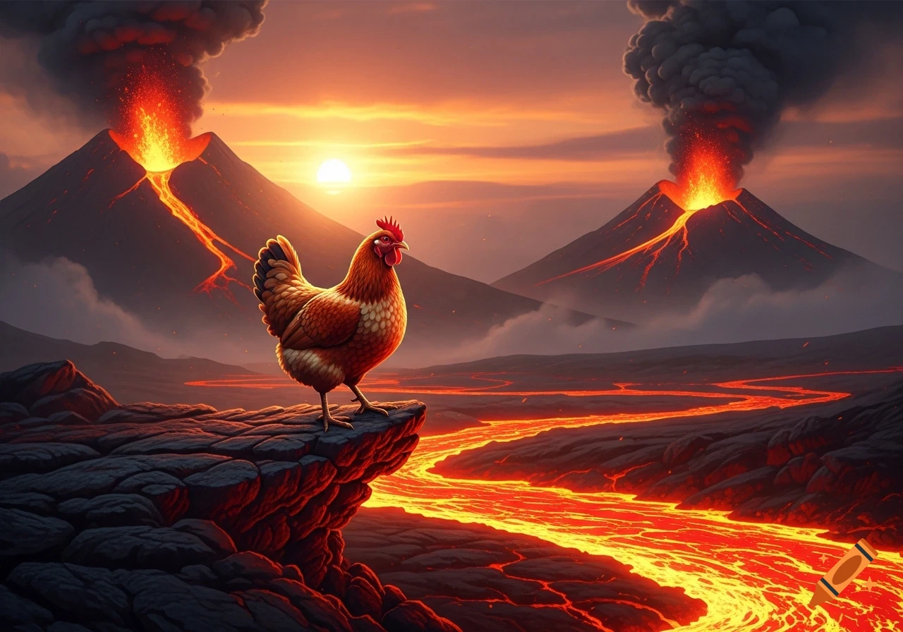A chicken stands on a rock, watching erupting volcanoes and glowing lava rivers under a sunset.