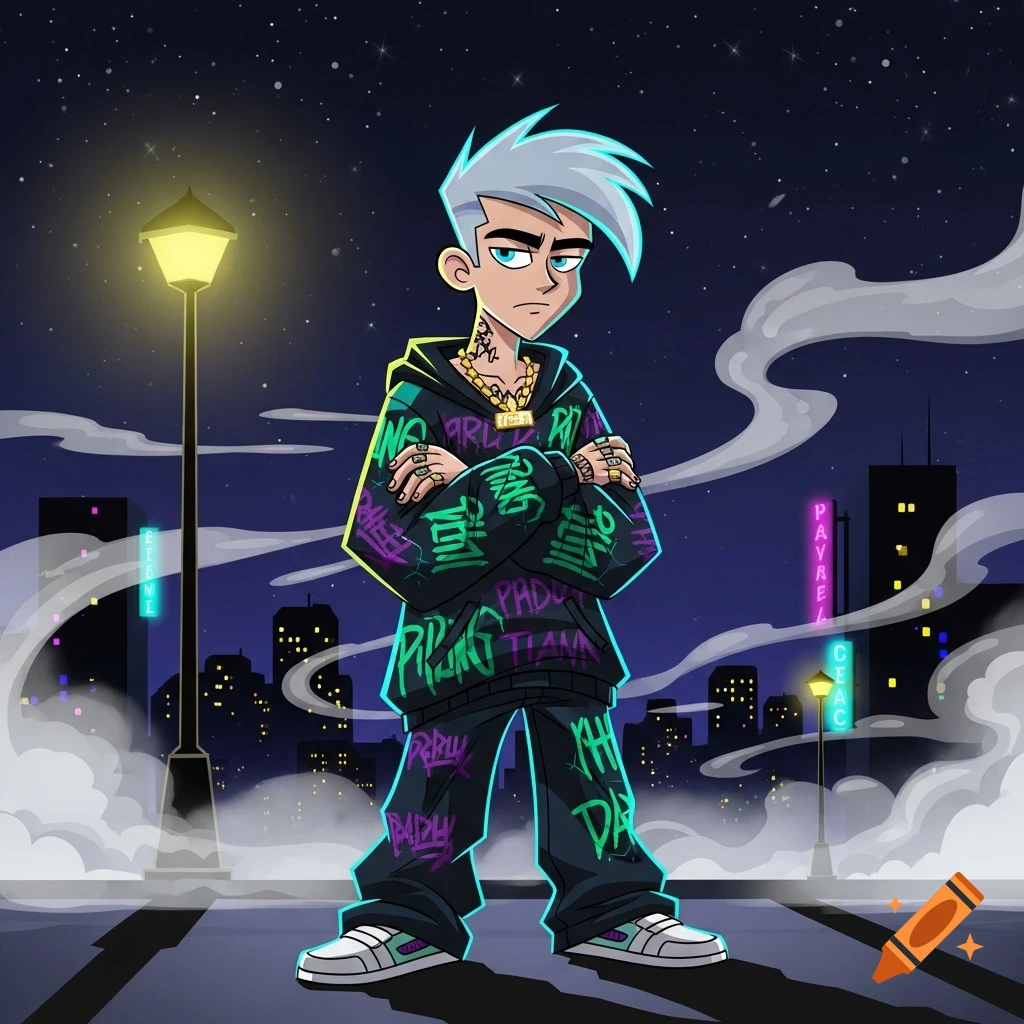 Cartoon character with spiky gray hair, hip-hop clothes with graffiti text, gold chain, standing on a street at night.