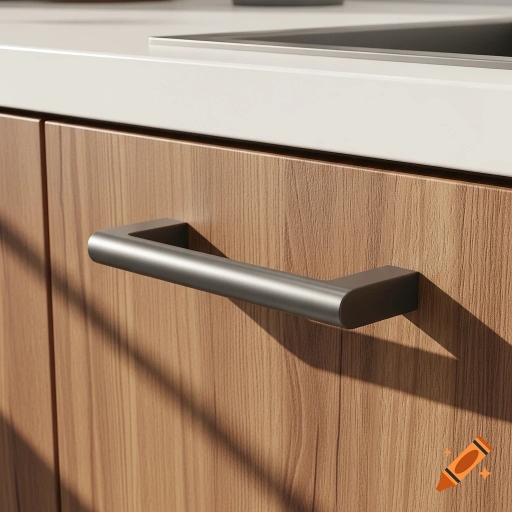 Close-up of a dark grey modern handle on a light brown wooden kitchen cabinet below a white countertop.