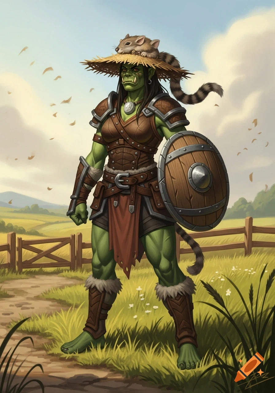 A female orc druid in leather armor and a straw hat with a rat, holding a wooden shield, standing barefoot in a grassy field.