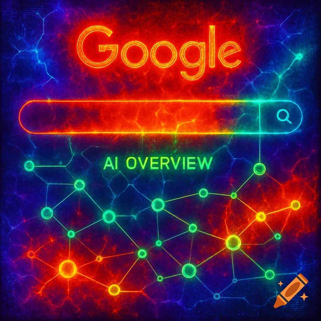 A vibrant, neon-lit illustration of a Google search bar with "AI OVERVIEW" text, set against a fractal heatmap background.