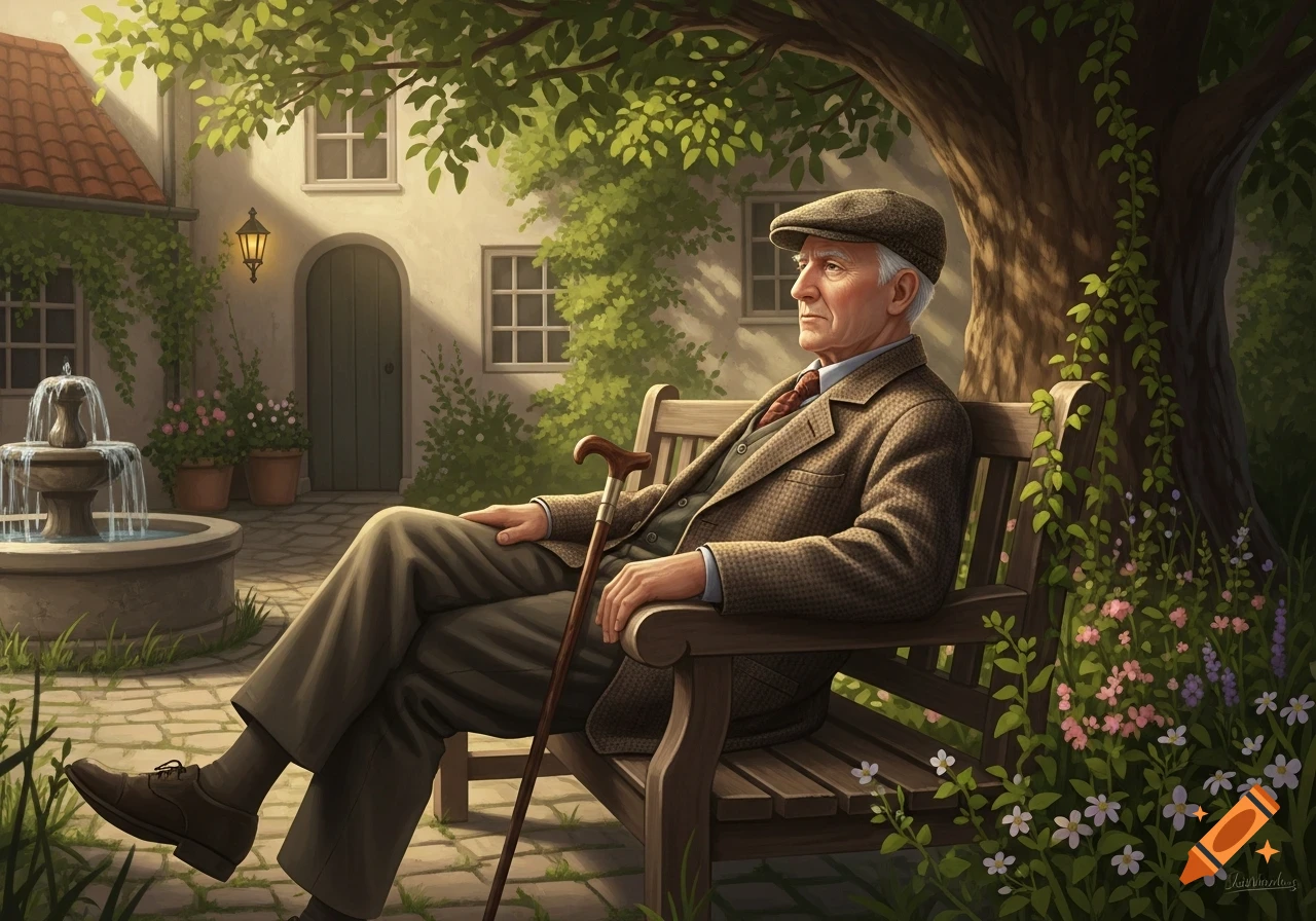 Elderly man with a cane sits on a wooden bench in a sunny, verdant garden with a fountain, illustrated style.