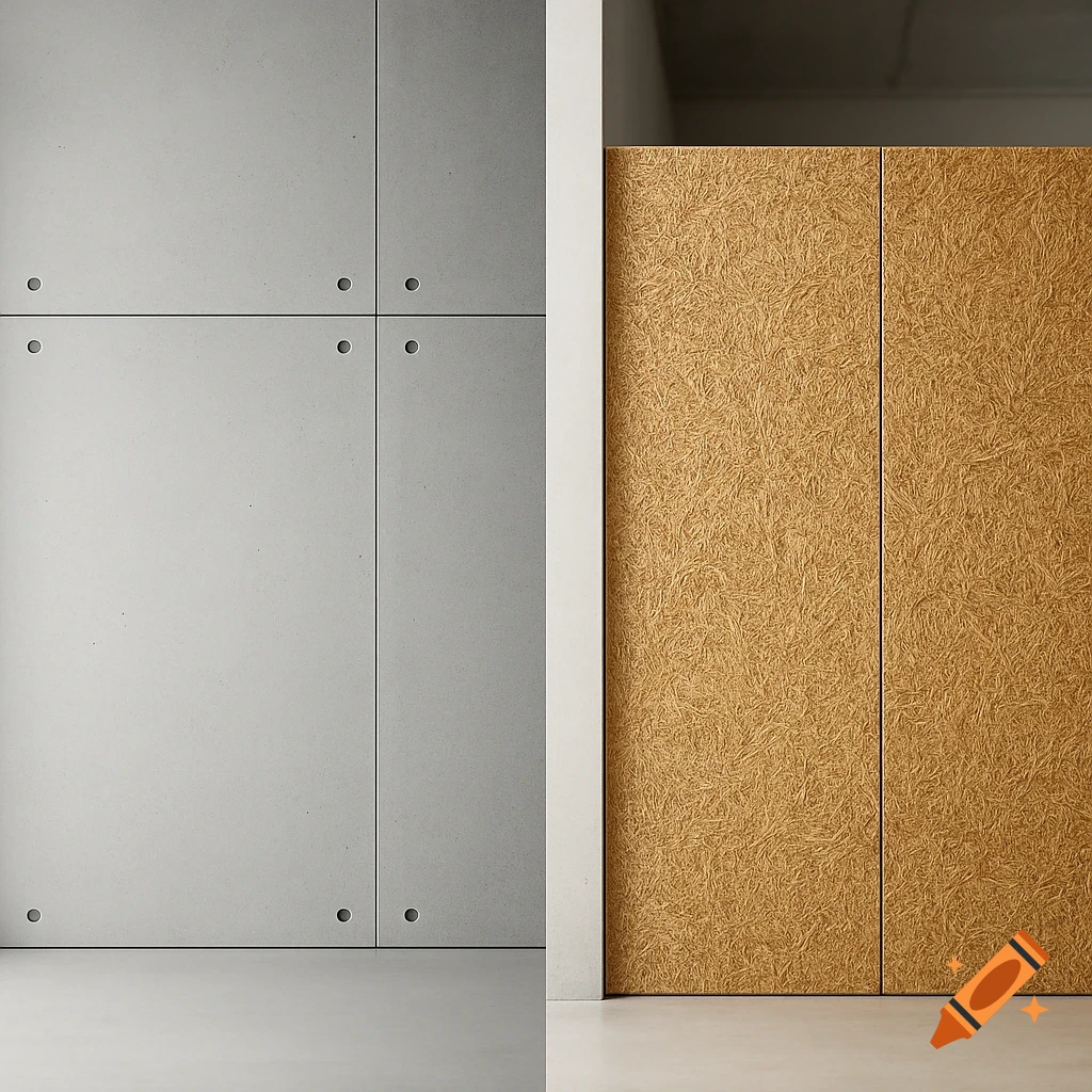 A split-screen view of a modern gray fiber-gypsum panel wall and a textured golden compressed straw panel wall in a professional setting.