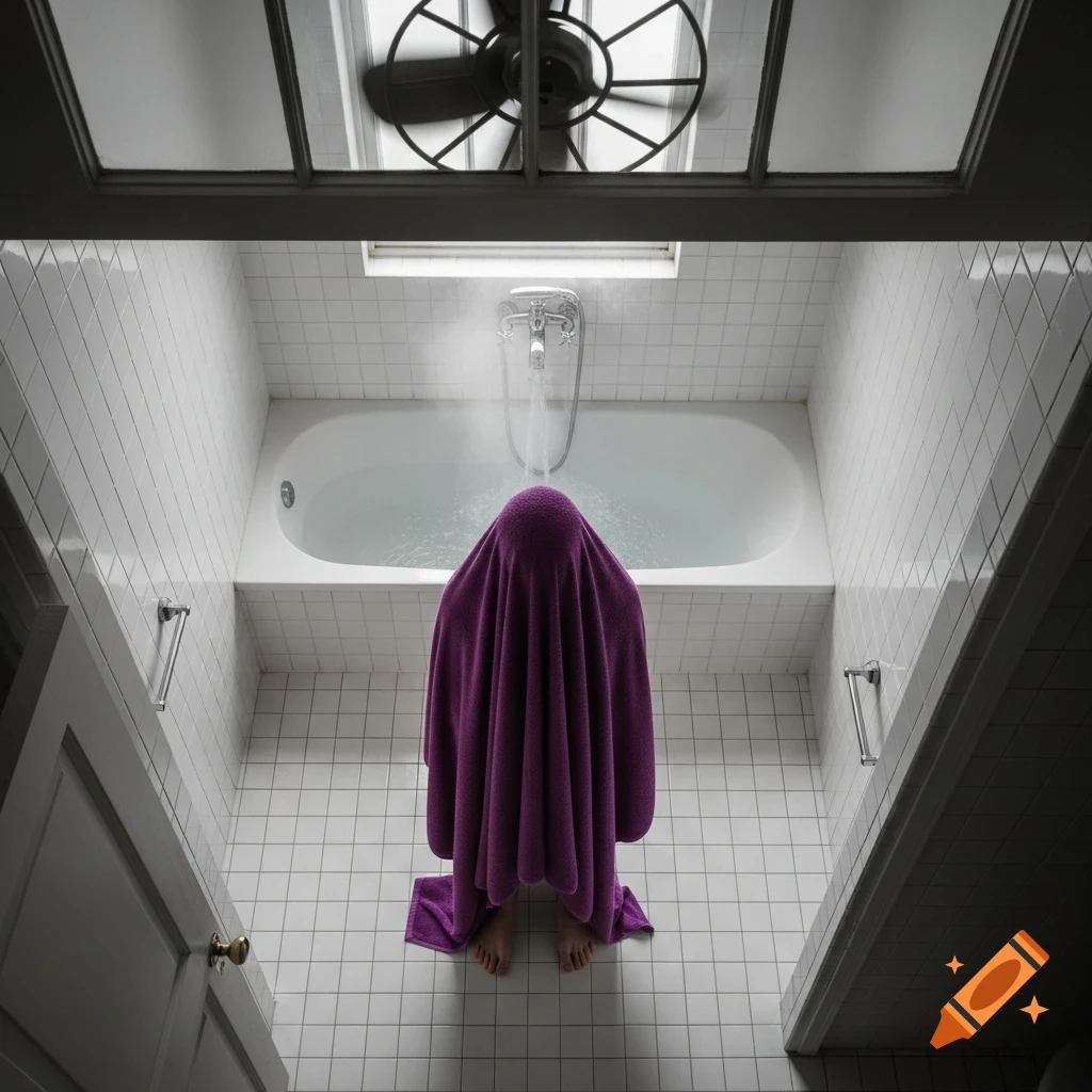 High-angle view of a white-tiled bathroom with a person covered by a deep violet towel standing under a running shower, bare feet visible.