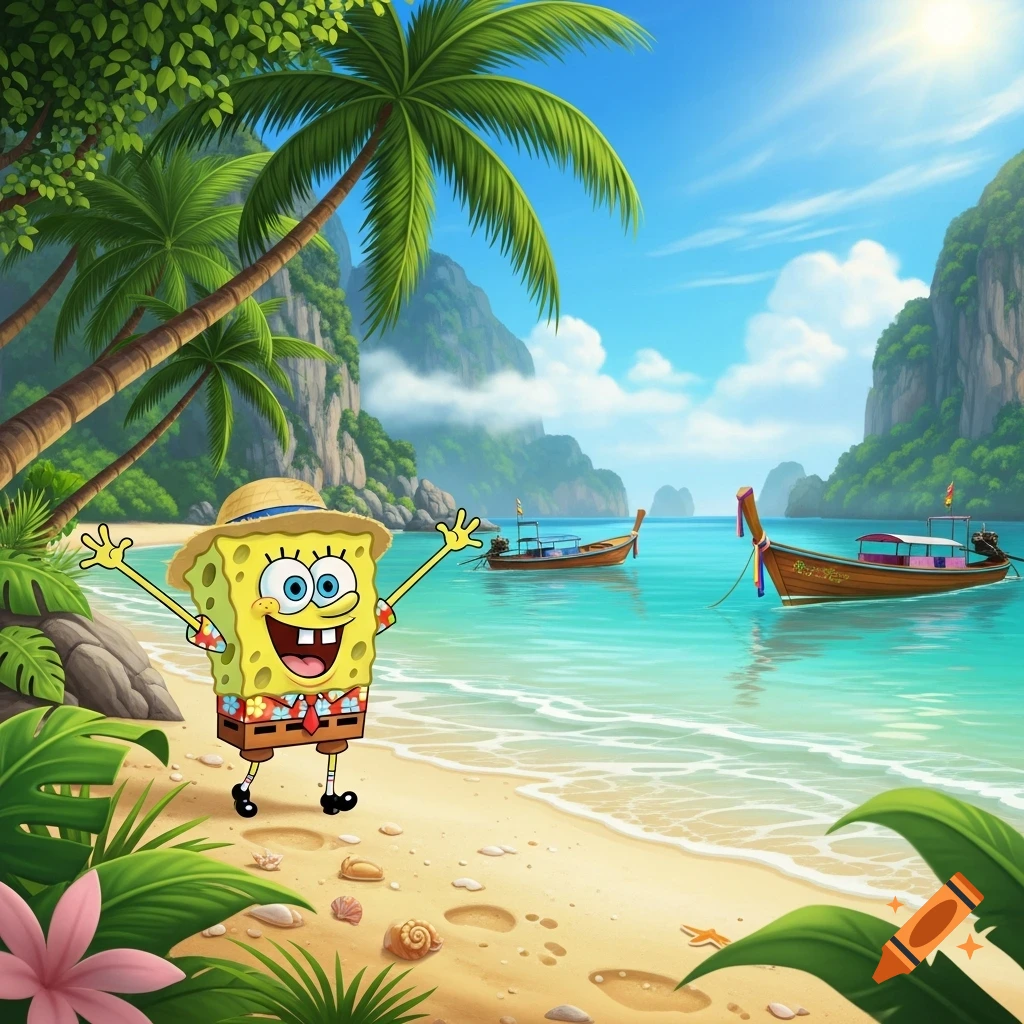 Spongebob Squarepants stands on a tropical beach, waving, with palm trees, blue water, and longtail boats in the background.