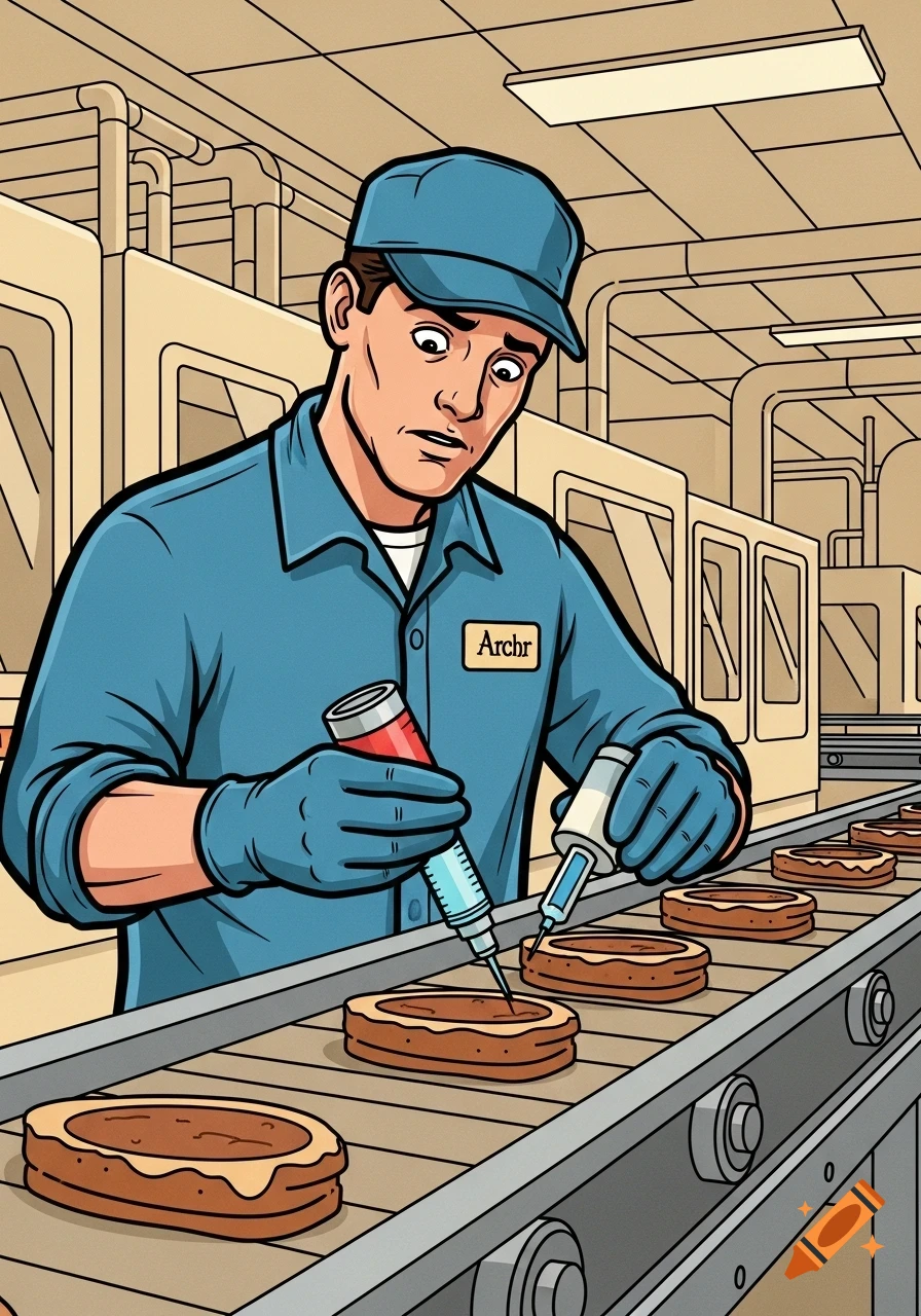 A nervous factory worker in a blue uniform, gloves, and cap injects a liquid into food items on a conveyor belt, in a graphic novel style.
