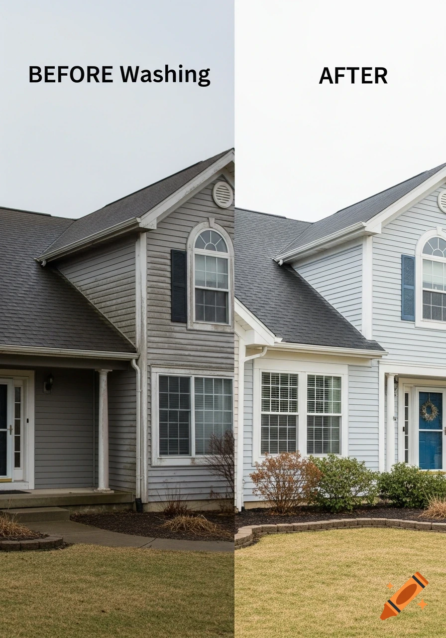 A split image of a house's exterior; the left side shows a dirty, faded gray facade (before washing), while the right side shows a clean, light blue facade (after washing).
