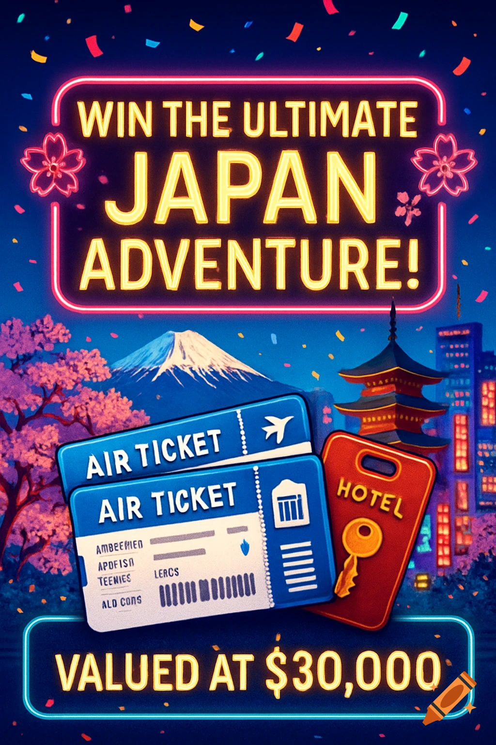 A vibrant neon-style promotional poster for a "Japan Adventure" lottery, featuring Mount Fuji, cherry blossoms, a pagoda, air tickets, and a hotel key.