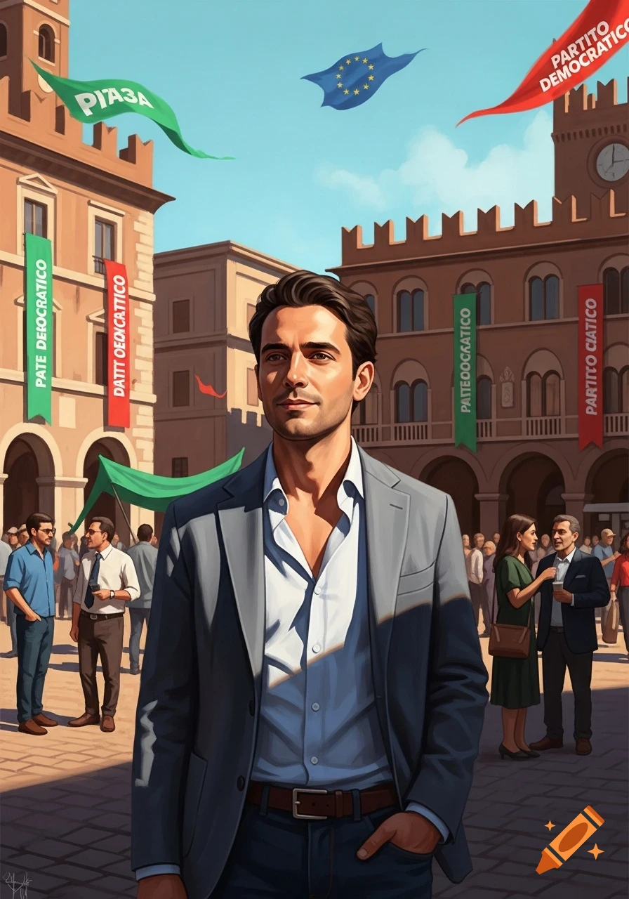 A man in a suit jacket and open-collared shirt stands in a European town square with buildings, banners, and people in the background, in an illustrative style.