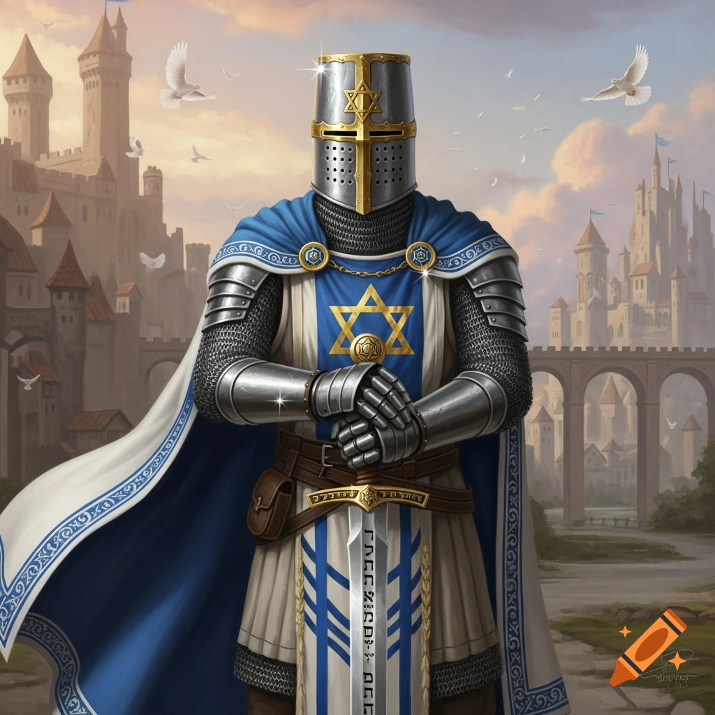 A knight in shining armor with a Star of David on his helmet and tunic, holding a sword, with castles and doves in the background.
