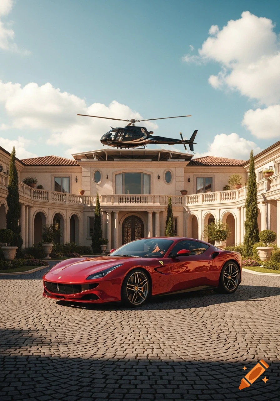 A red Ferrari F12berlinetta or 812 Superfast is parked on a cobblestone driveway in front of a luxurious mansion with a black helicopter on its roof.