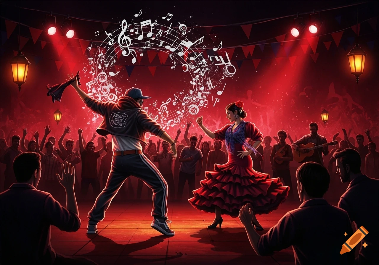 A male dancer in a hoodie and cap and a female flamenco dancer in a red dress perform on a stage under red lights, surrounded by musical notes and a cheering crowd.