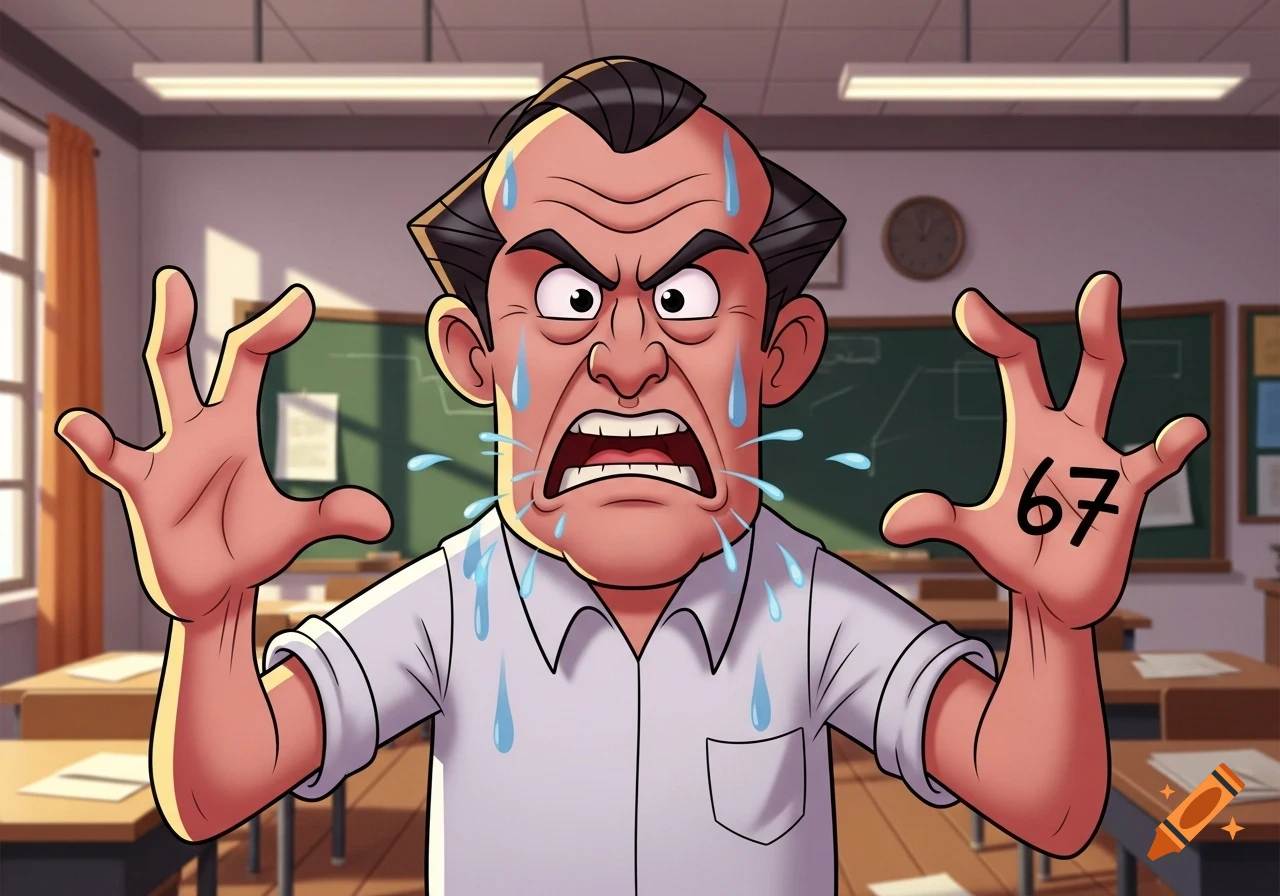 Cartoon man, possibly a teacher or VP, sweating and yelling in a classroom, with '67' written on his outstretched palm.