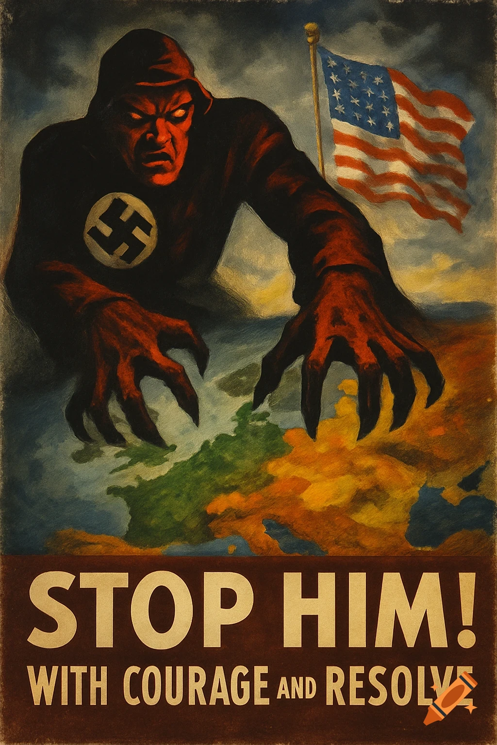 WWII propaganda poster: a menacing red-faced, hooded figure with a swastika emblem over a map of Europe. US flag in background. Text: 'STOP HIM!'