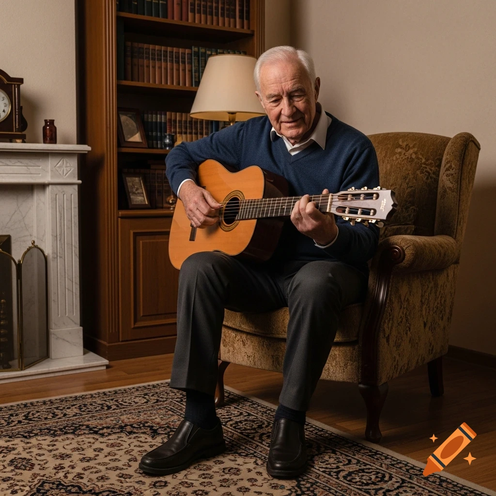 An elderly man sits in a chair playing an acoustic guitar in a cozy living room with a bookshelf.