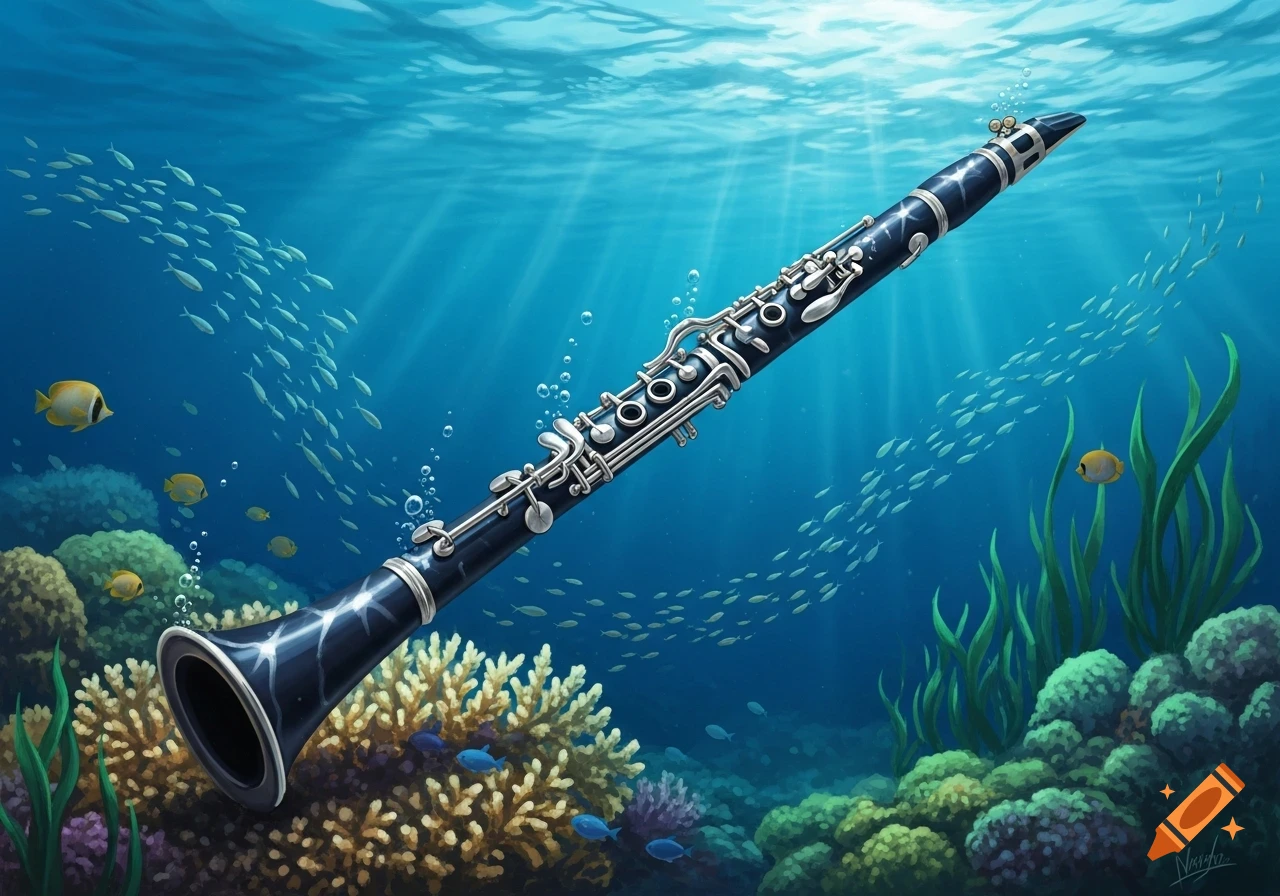 A black clarinet with silver keys sinks into clear blue ocean water, surrounded by schools of fish, coral reefs, and sunlight from above.