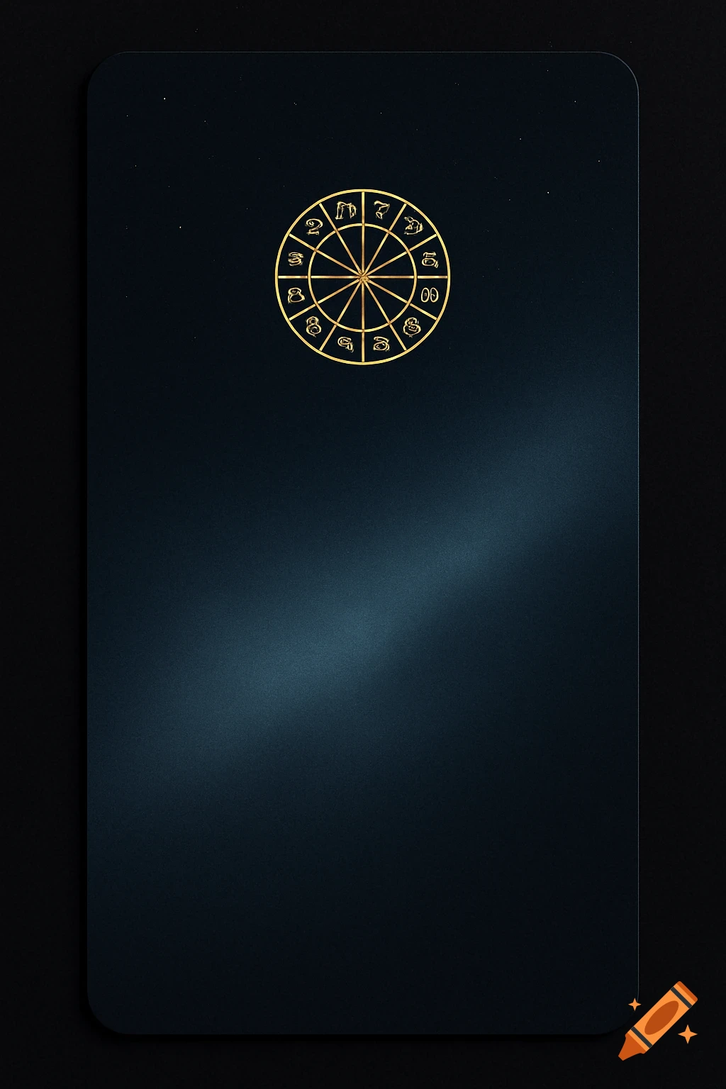 Minimalist dark blue business card with a soft cosmic gradient background and a golden zodiac wheel centered at the top.