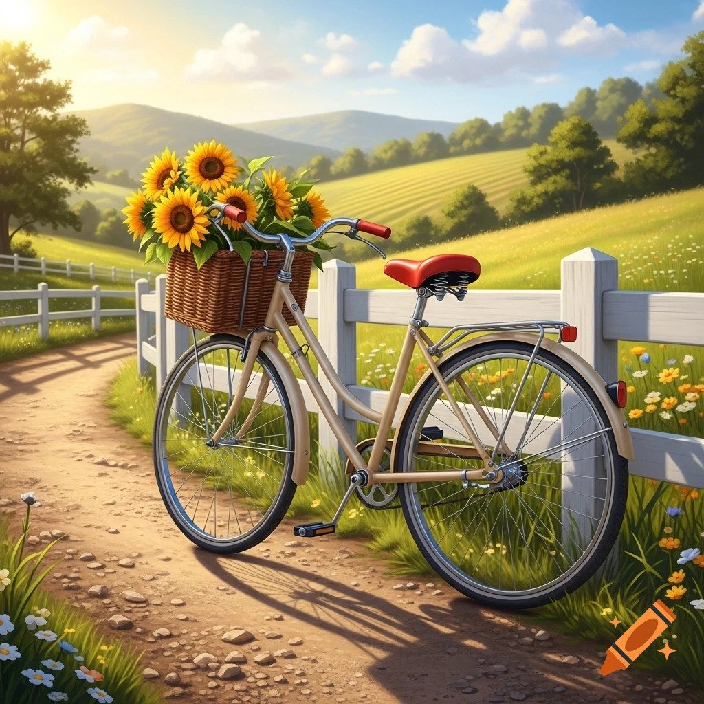 A beige bicycle with a basket of sunflowers on a dirt path next to a white fence in a sunlit green countryside landscape.