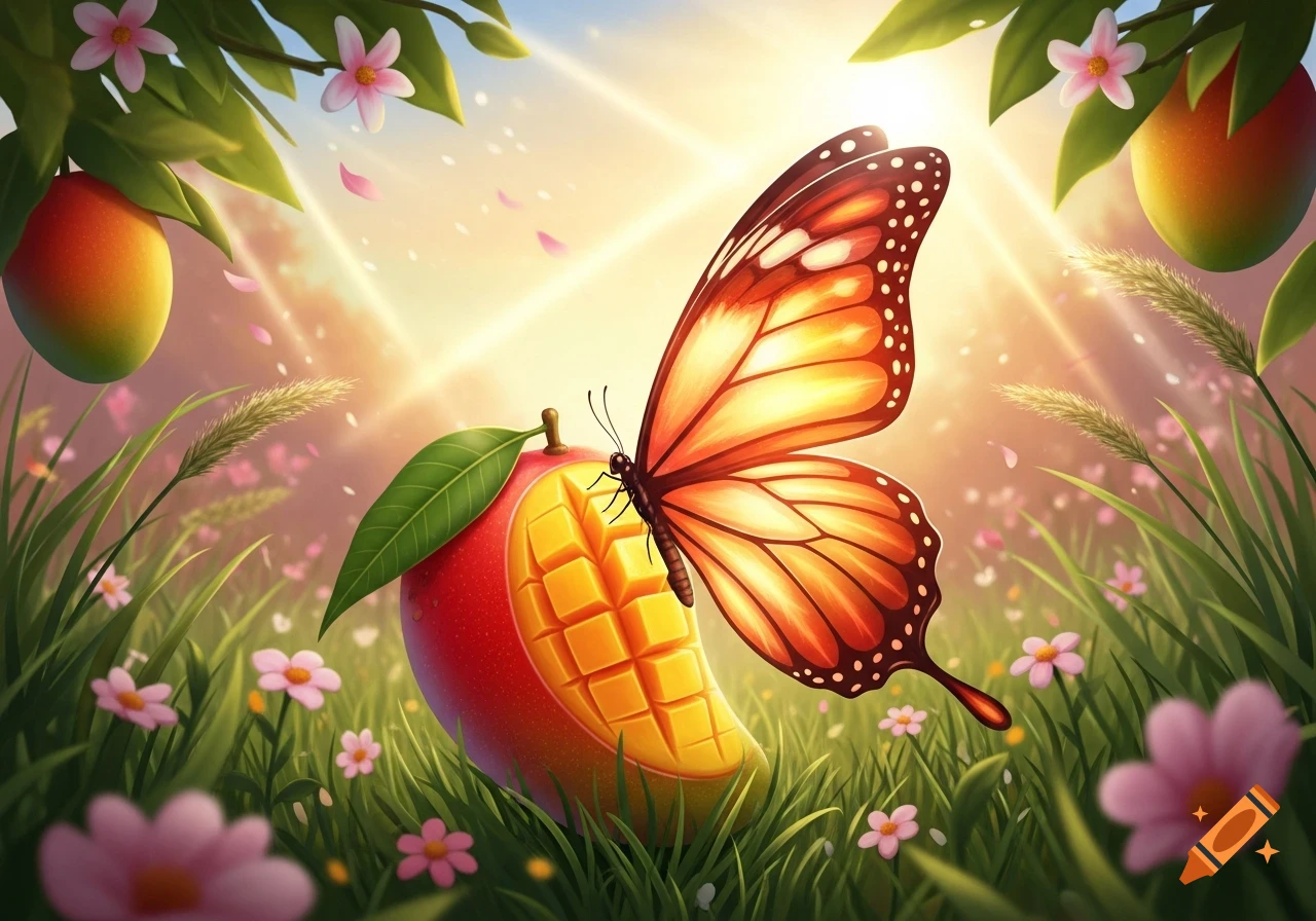 A vibrant butterfly rests on a sliced mango in a sunny field with pink flowers and leafy branches.