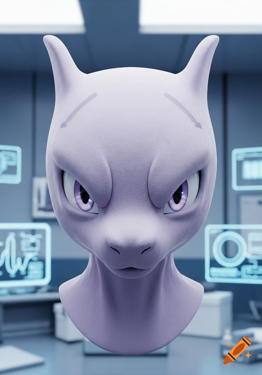 A detailed 3D render of Mewtwo's head with purple eyes, set against a blurry lab-like background with glowing screens.