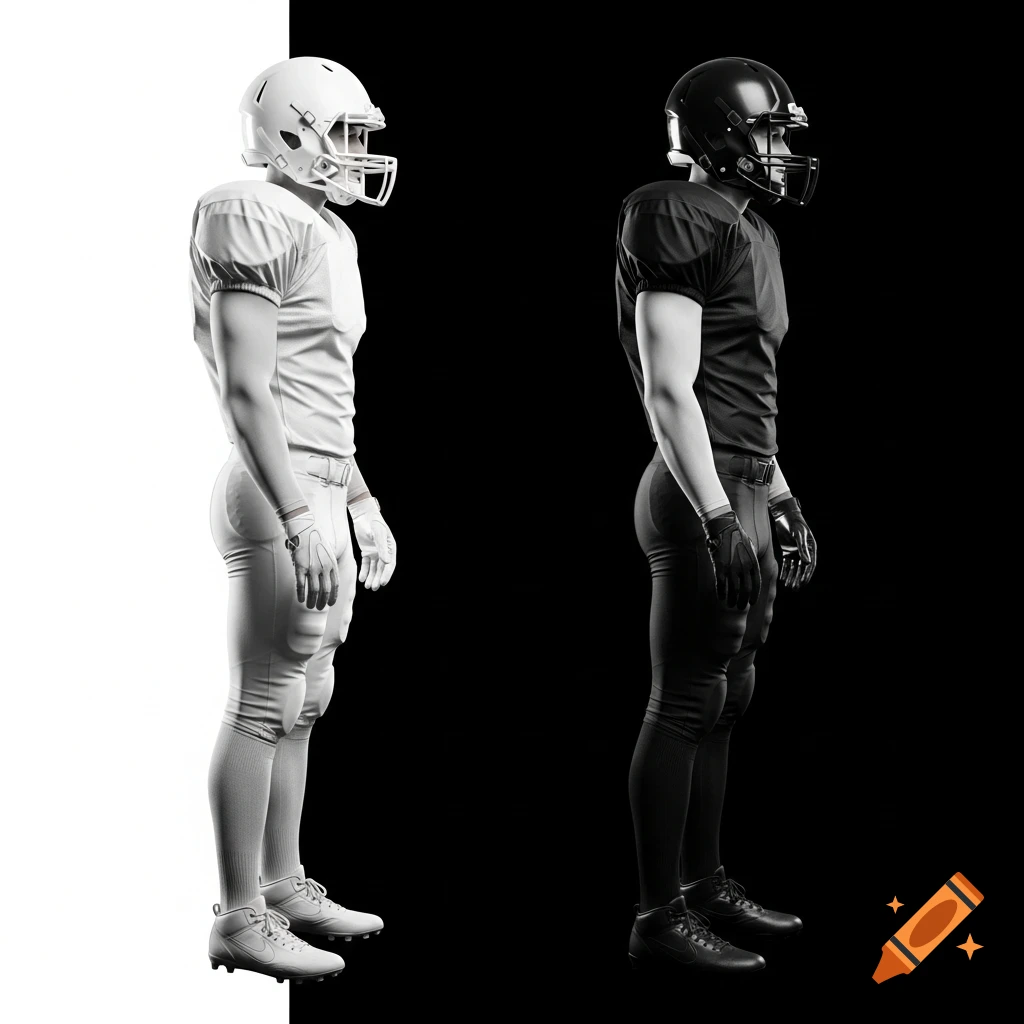 Side view of two identical American football players, one in a white uniform on a white background, the other in a black uniform on a black background.