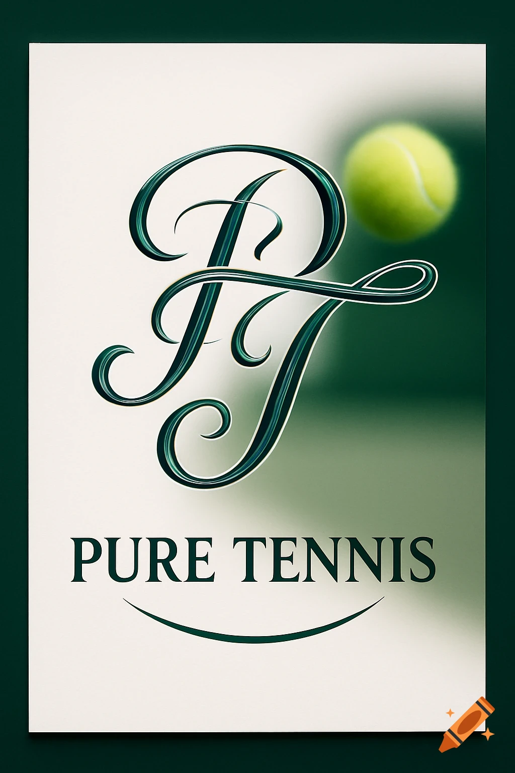 A graphic logo for 'Pure Tennis' with a stylized green 'PT' monogram and a blurred tennis ball on a white and green poster.