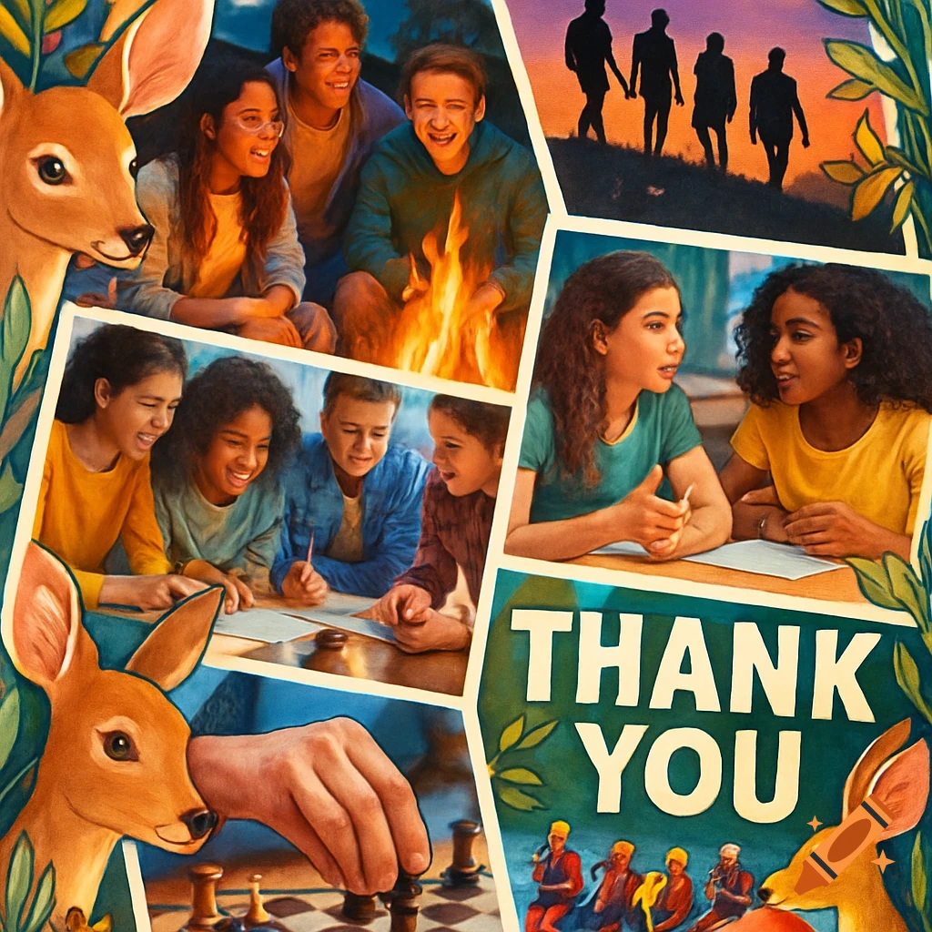 A colorful collage featuring diverse middle school students enjoying various activities like camping, studying, and playing chess, with deer on the borders and large text saying "THANK YOU".