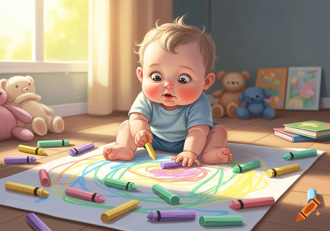 A cute cartoon baby sits on the floor drawing colorful scribbles on a large white paper with crayons in a sunlit room.