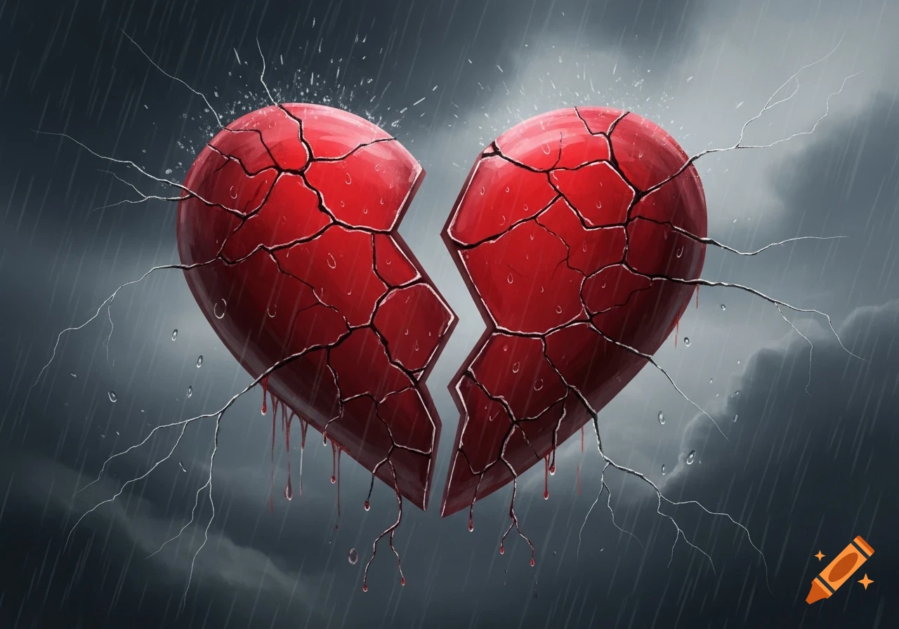 A cracked red heart, split in two and dripping red liquid, set against a dark, stormy, rainy sky with lightning-like tendrils.
