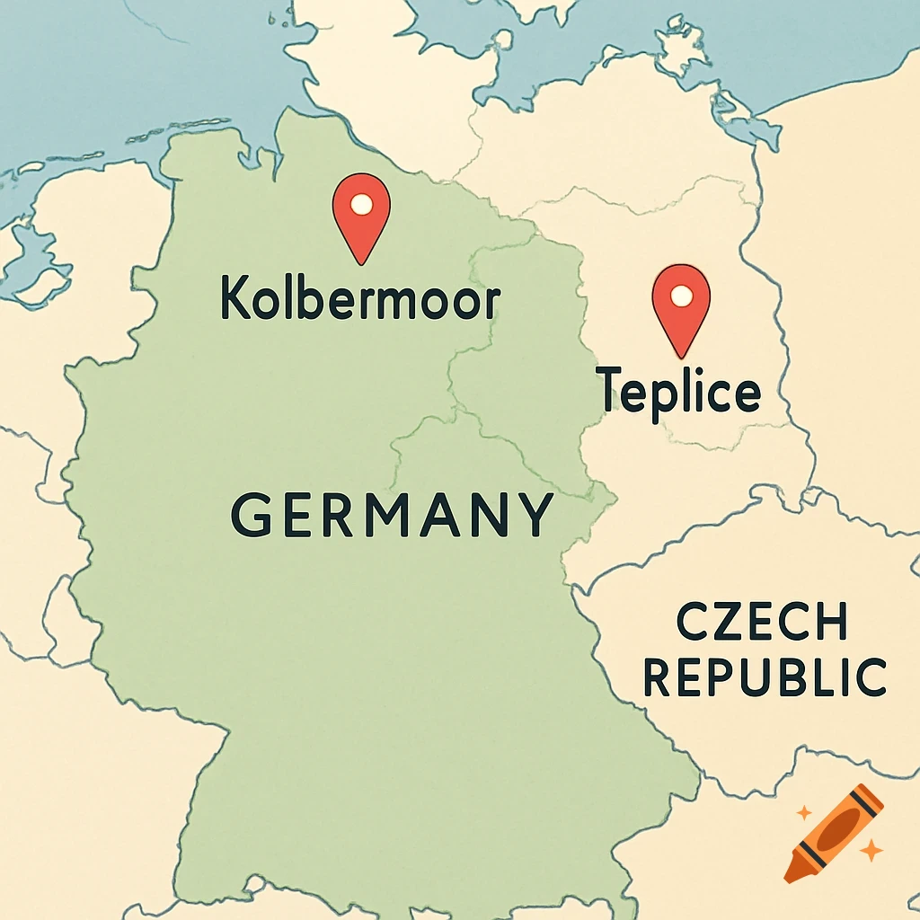 A map showing Germany and Czech Republic, with Kolbermoor and Teplice marked by red location pins.