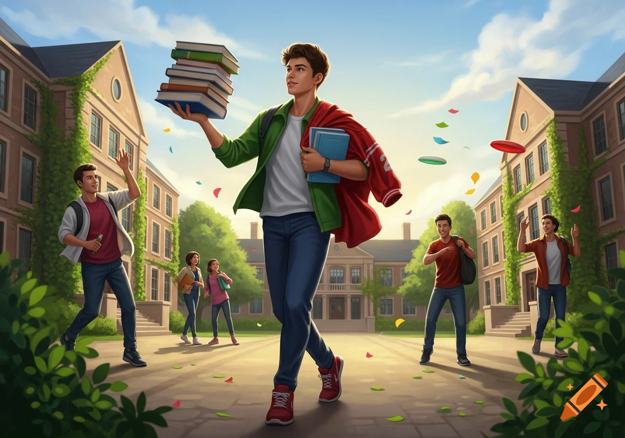 A male student balances a stack of books while walking across a sunny college campus, surrounded by other students and colorful flying objects.