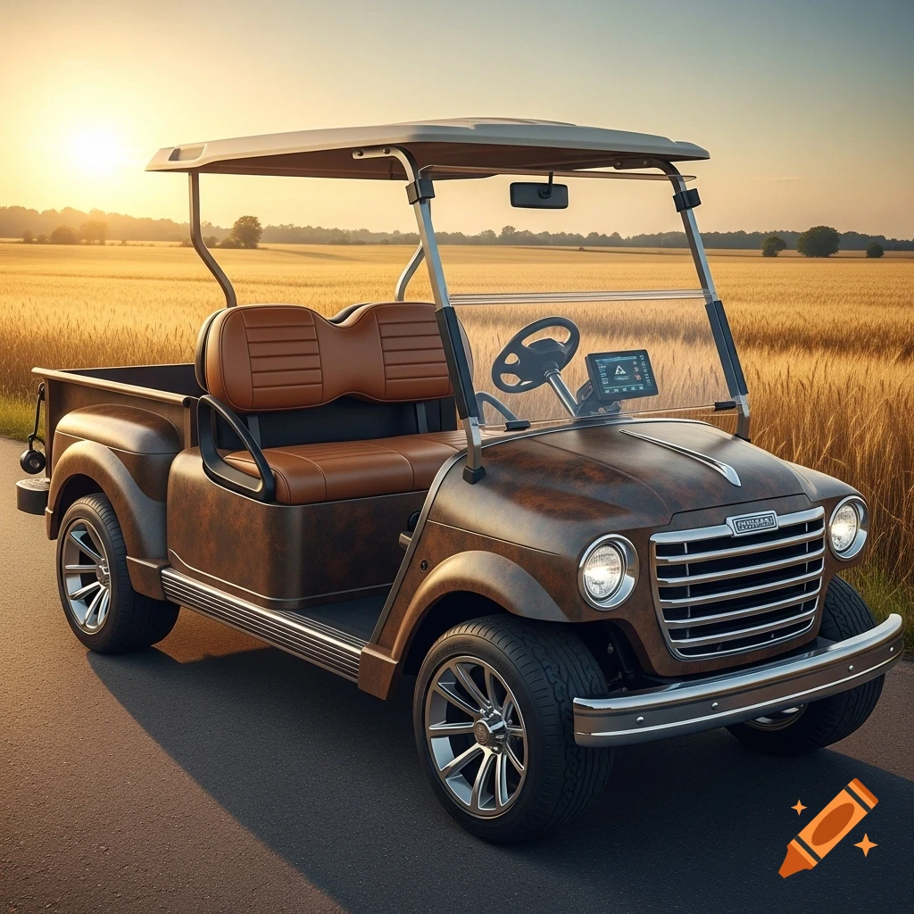 A rustic brown golf cart, designed to resemble an old pickup truck, sits on an asphalt road in a golden wheat field at sunset.