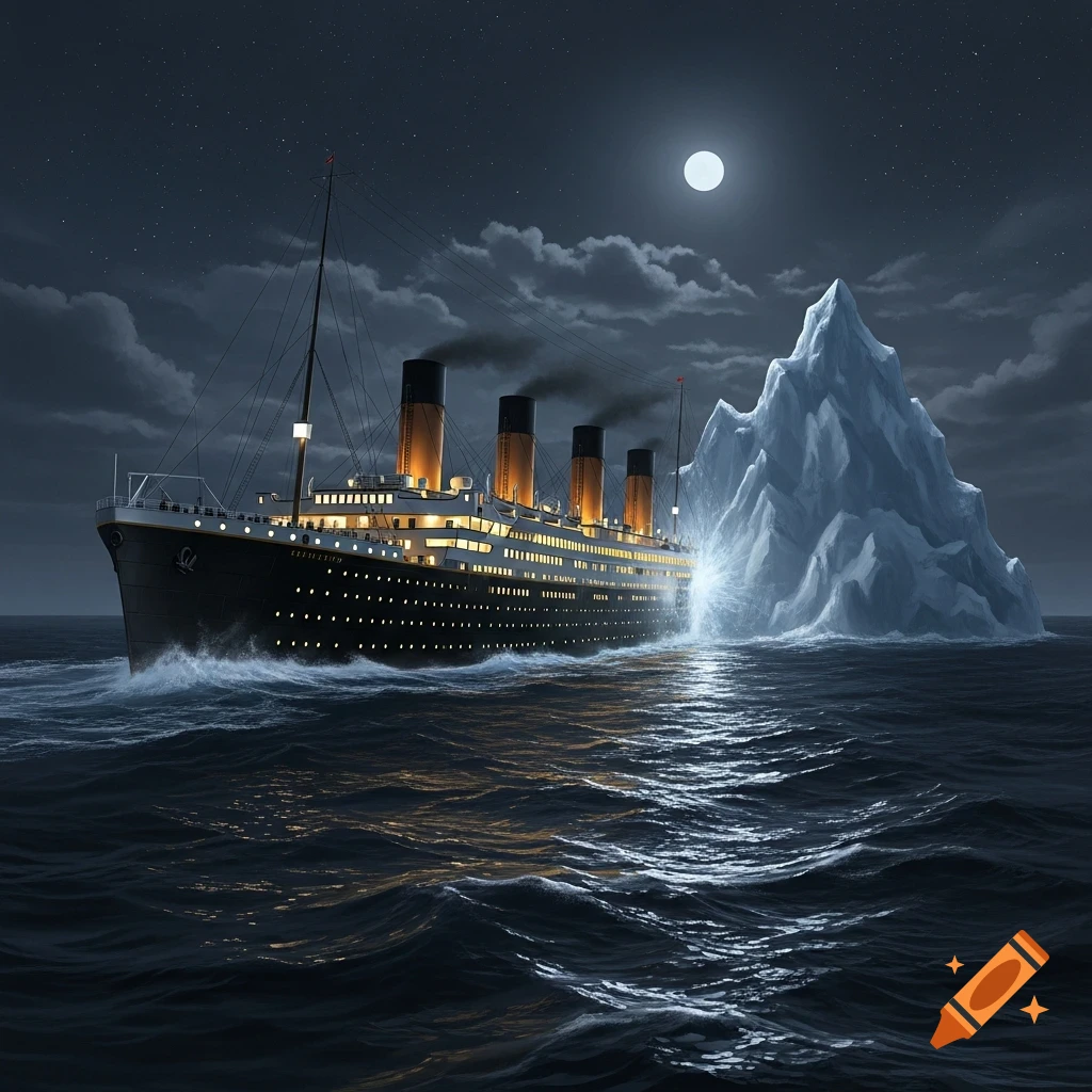 The Titanic, with four smokestacks, collides with a large iceberg under a full moon and starry night on a wavy sea.