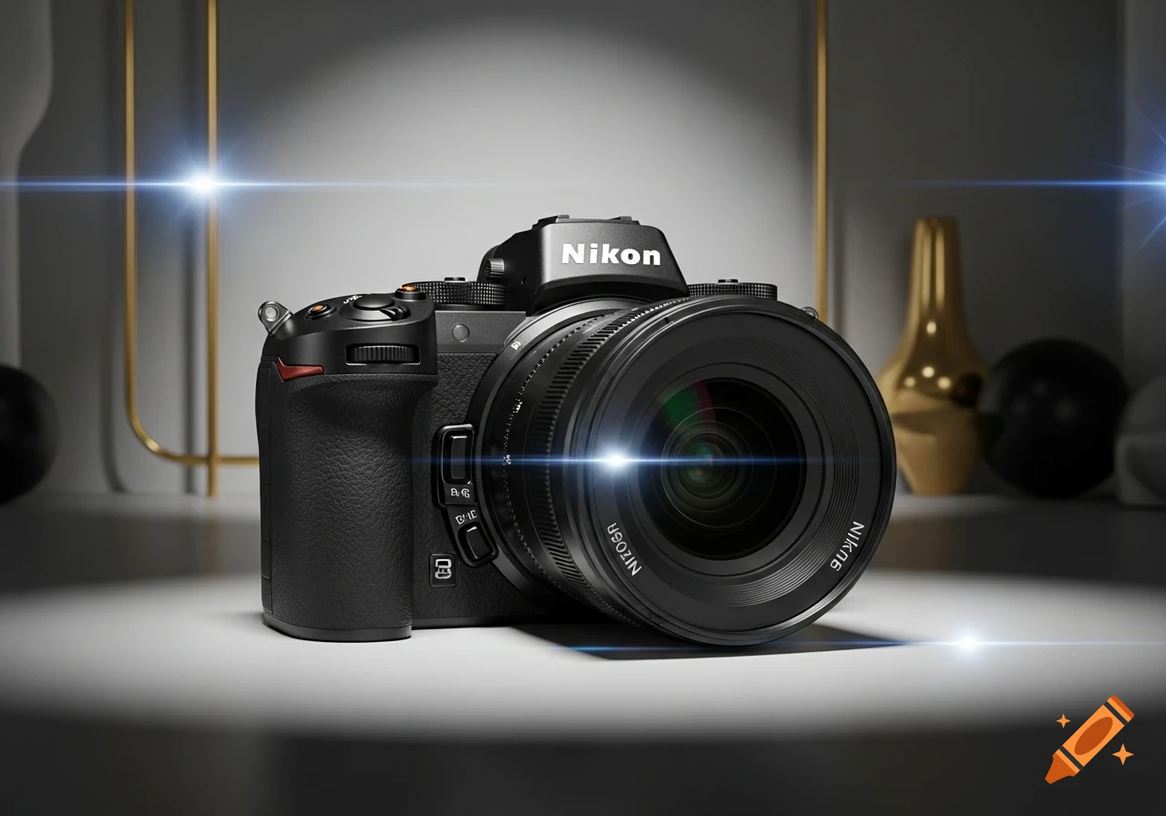 A sleek black Nikon Z-series mirrorless camera with a large lens sits on a white surface, highlighted by lens flares.