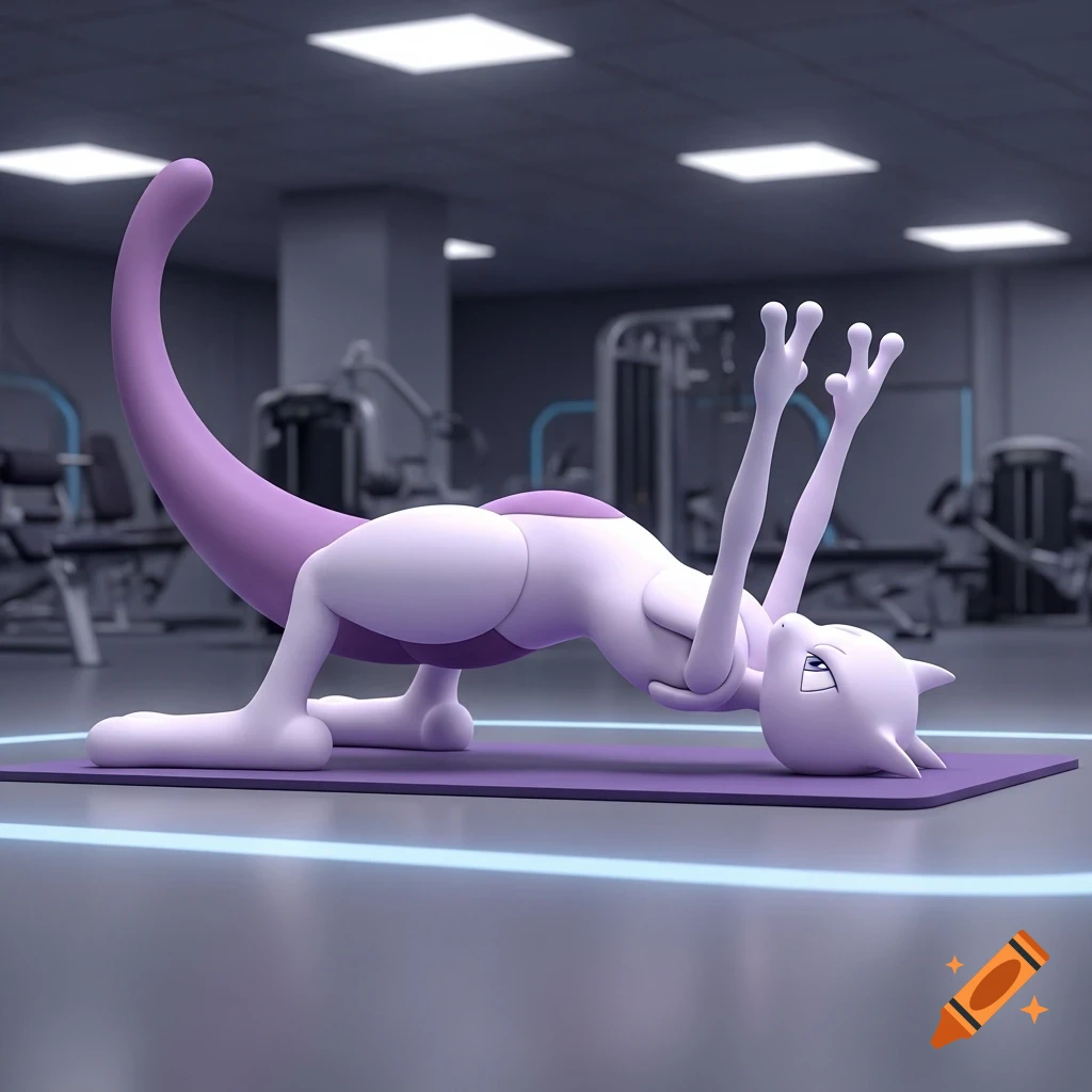 Mewtwo, a purple and white Pokémon, performs a bridge exercise on a purple mat in a gym.