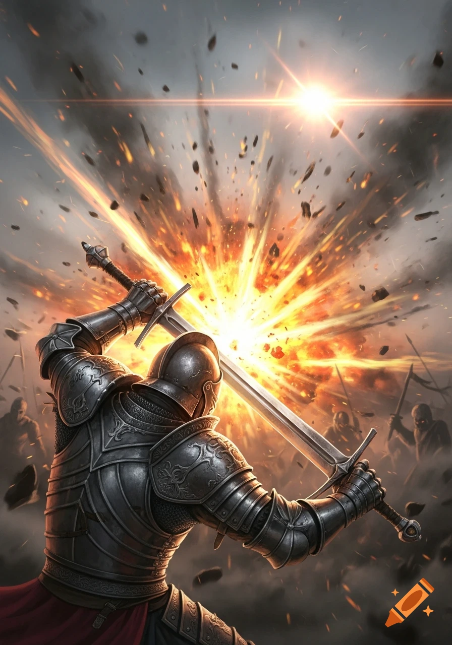 A knight in shining armor slashes downward with a sword, causing a fiery explosion behind them on a battlefield.