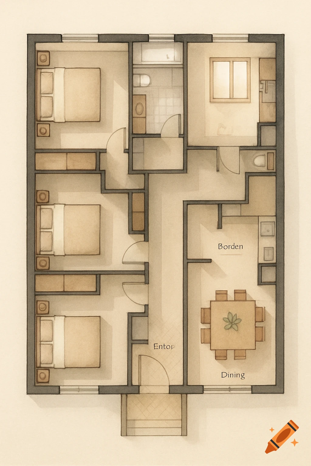 Watercolor-style floor plan of a single-story house with three bedrooms, bathrooms, kitchen, dining area, and entrance.