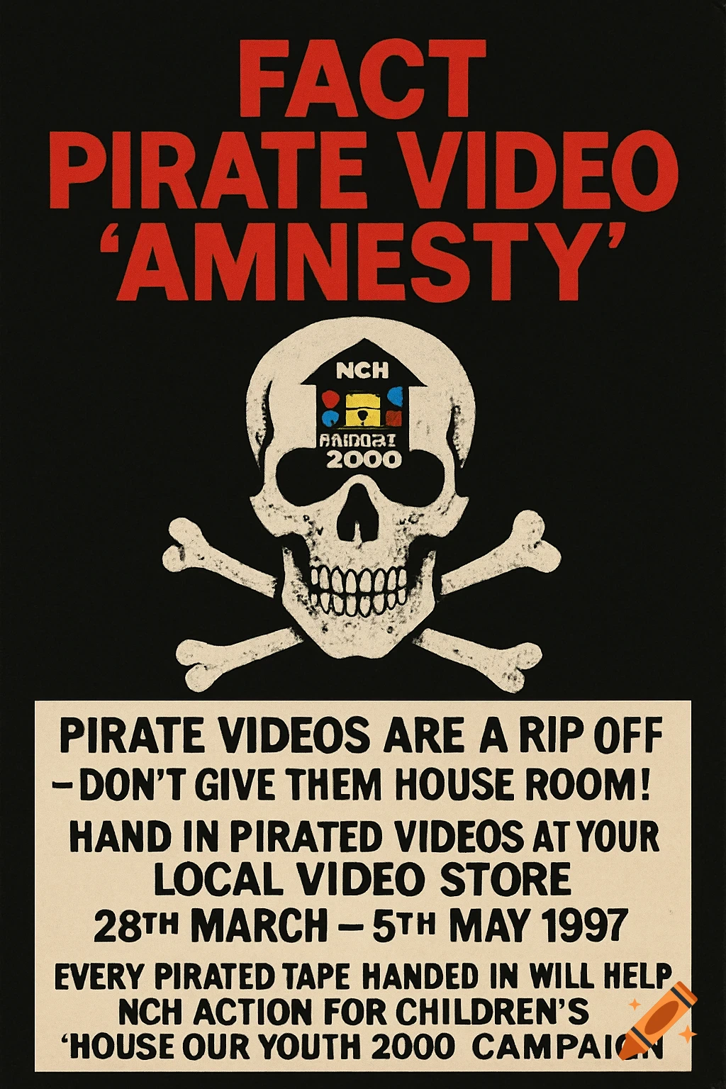 A black anti-piracy poster with red text "FACT Pirate Video 'Amnesty'" at the top, a skull and crossbones with a house logo, and white text detailing a video amnesty campaign.