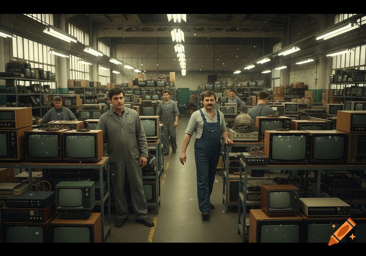 Men work in a retro 80s electronics factory, surrounded by numerous vintage televisions, with a VHS effect.