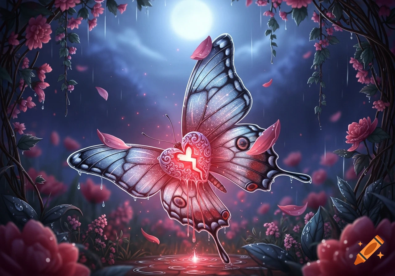 A stylized butterfly with glowing blue wings and a broken, glowing red heart drips liquid in a moonlit, raining garden with pink flowers.