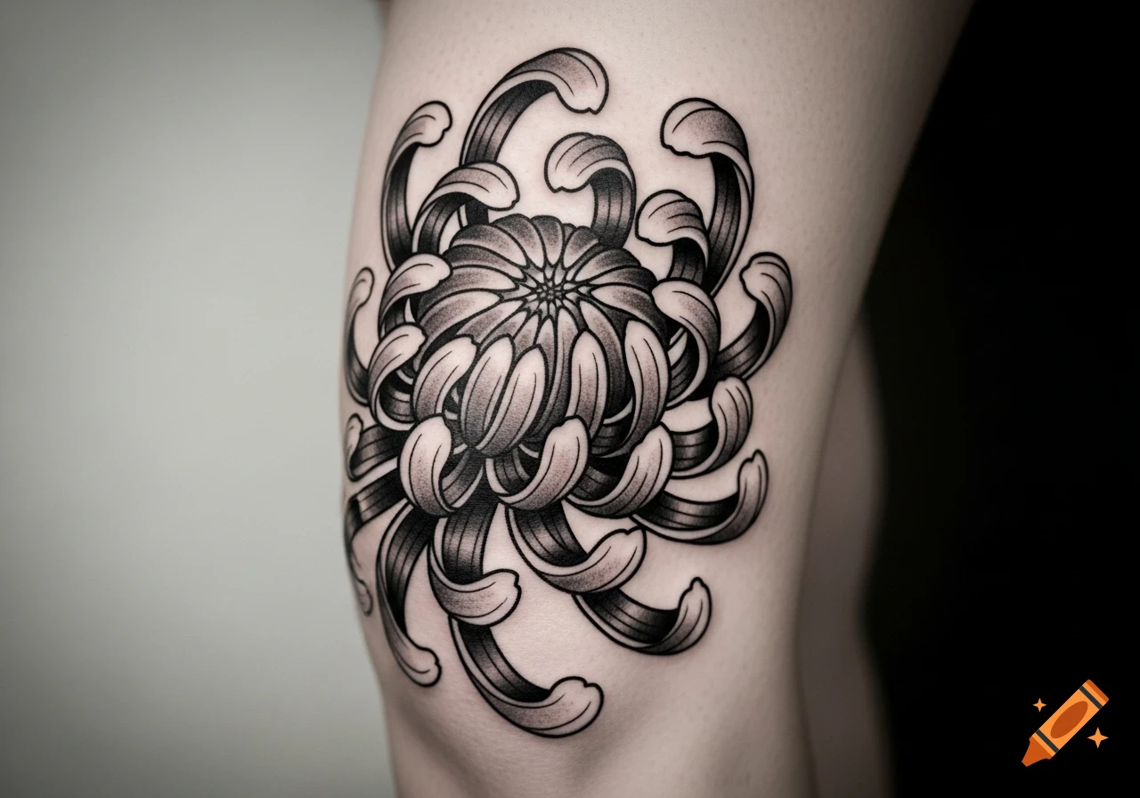 A black and grey chrysanthemum tattoo in traditional style on a knee.