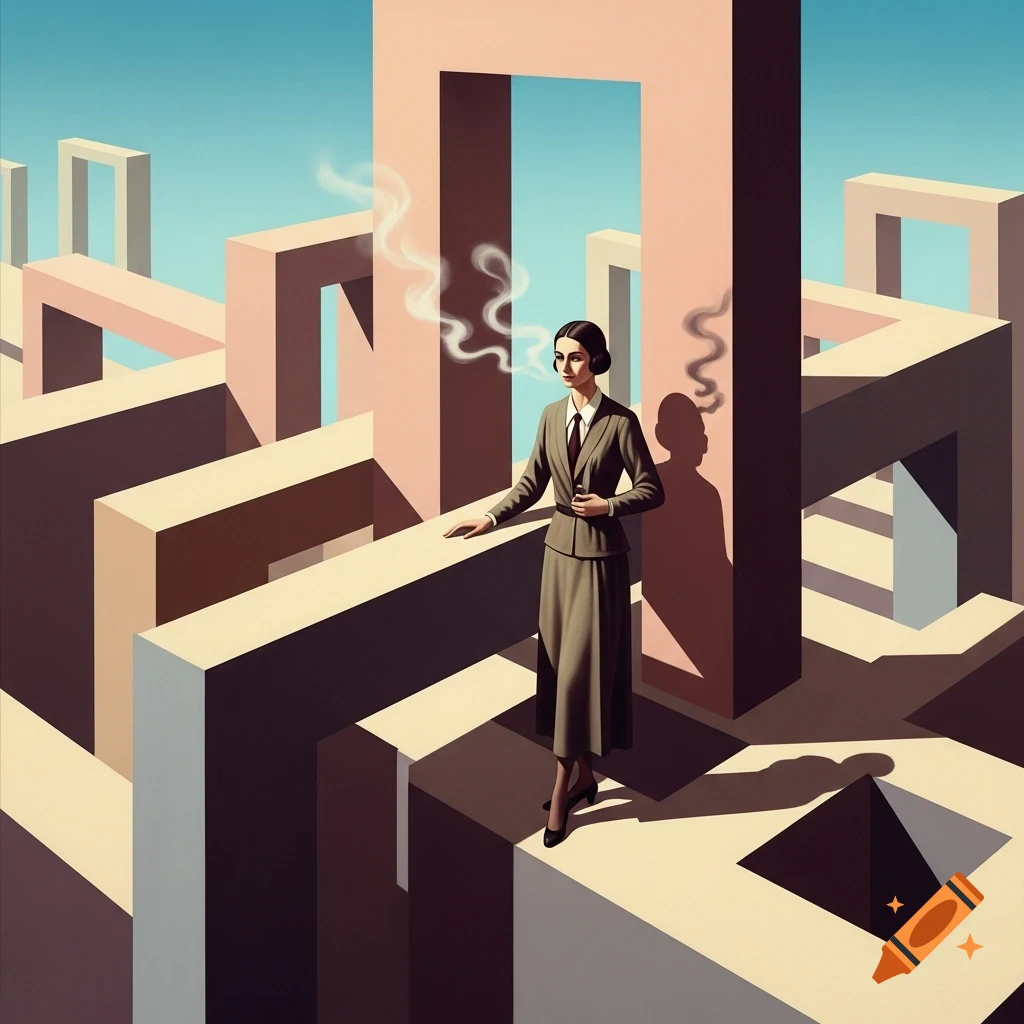 A woman in a suit stands smoking in a surreal landscape of geometric rectangular blocks, in the style of Wifredo Lam.