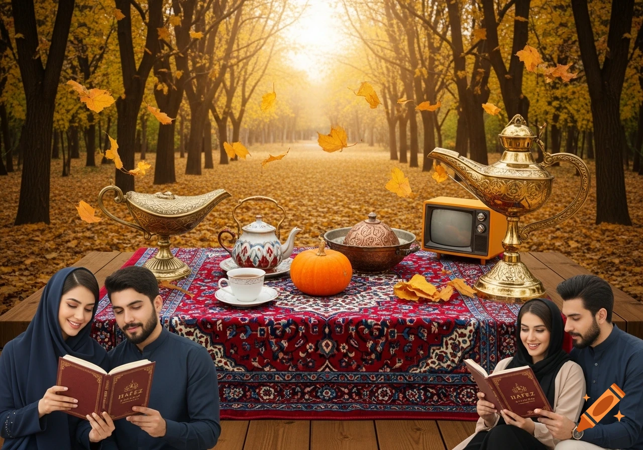 Two couples read books at a wooden table covered with a Persian rug and traditional items in an autumn forest.