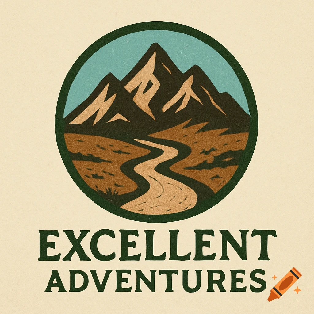 Vintage-style logo featuring a circular emblem with mountains and a winding path, above the text "Excellent Adventures".