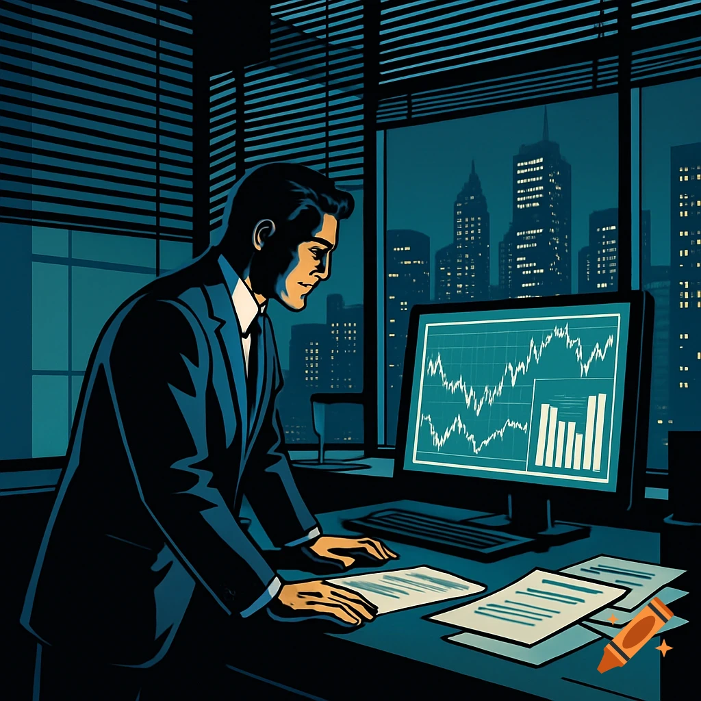 A man in a suit reviews financial charts on a monitor in a corporate office at night, with a city skyline visible outside, in a graphic novel style.