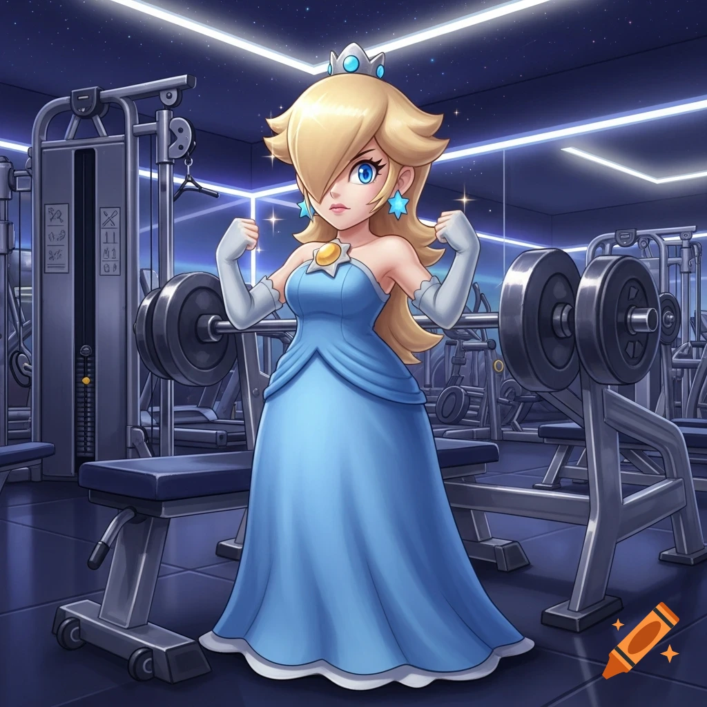 Cartoon Rosalina from Nintendo flexing her muscles in a gym, with weight machines and a starry ceiling.