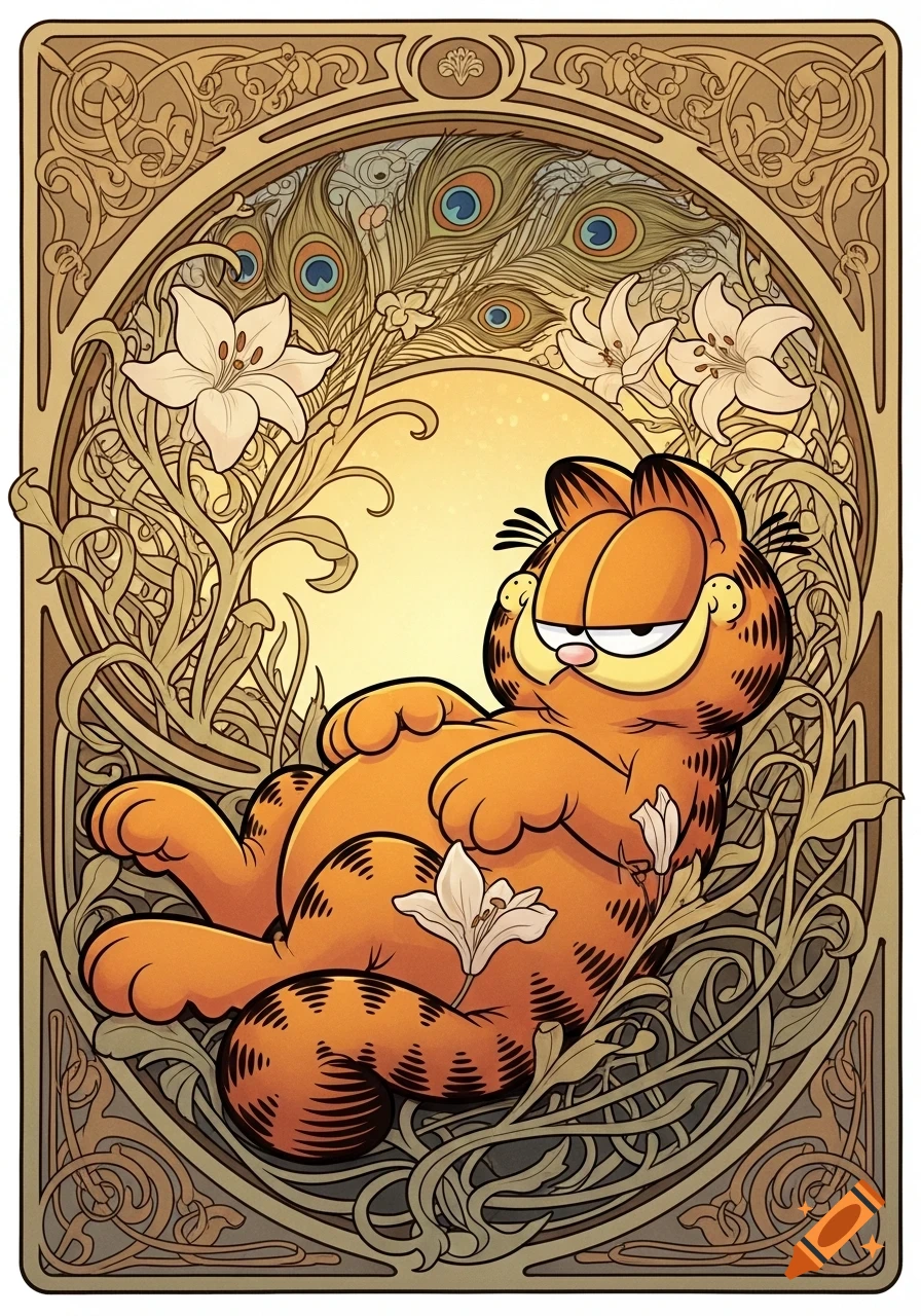 Garfield the cat lounging amidst art nouveau foliage and peacock feathers, set in an ornate frame.