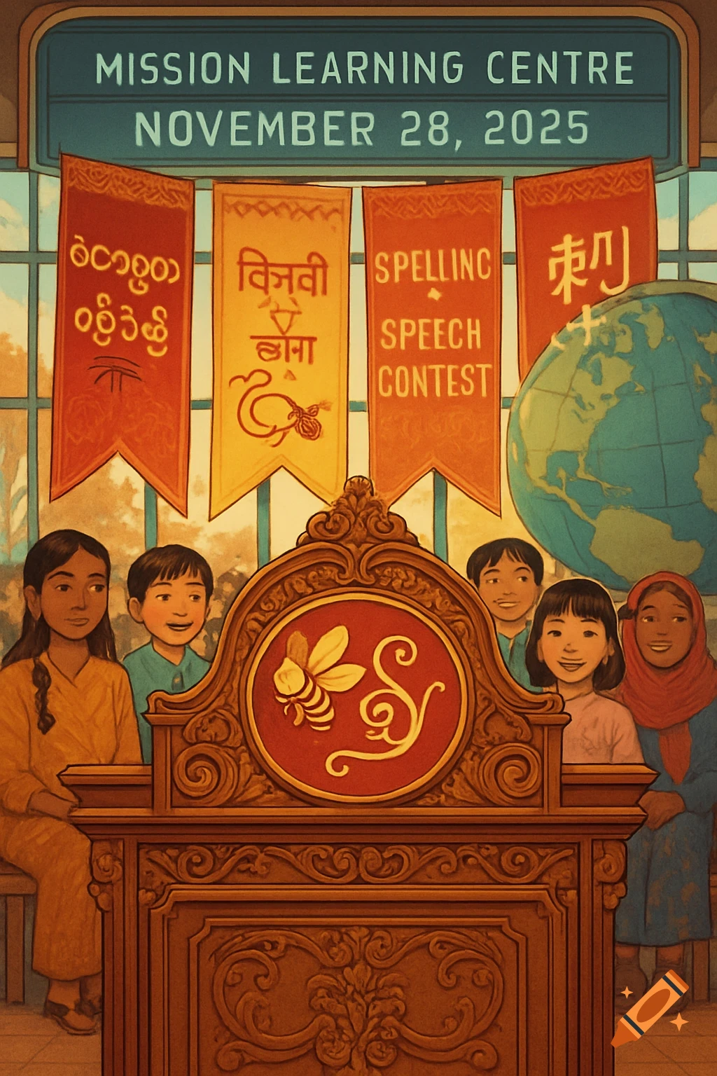 Illustration of children at a Mission Learning Centre podium for a competition. Banners with various scripts and 'SPELLING SPEECH CONTEST' hang above.