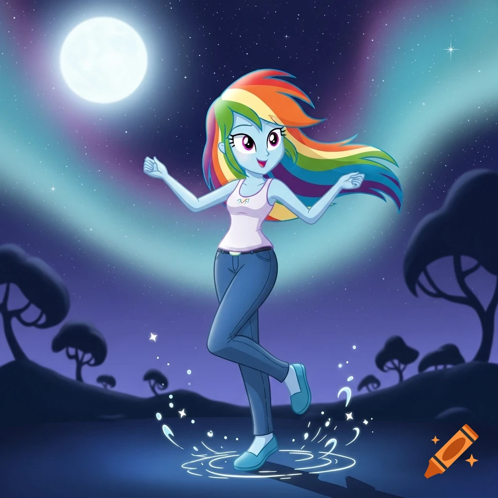 Cartoon Rainbow Dash from Equestria Girls dances under a full moon and aurora, wearing a tank top and jeans, with water effects.